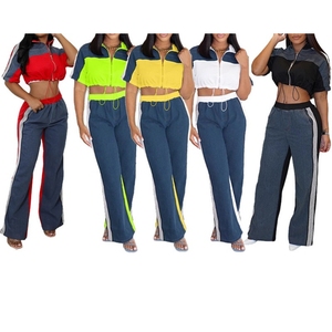 Conjunto de 2 piezas casual de moda para mujer: Top de mezclilla con cuello de colores y cremallera y pantalones de pierna ancha - Product Image 5