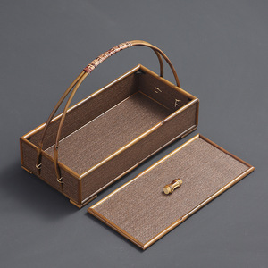 Panier de rangement pour thé en rotin tressé, rectangulaire, marron café, avec poignée, pour accessoires de cérémonie du thé - Product Image 3