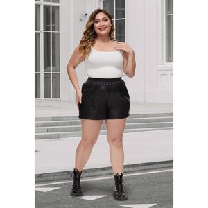 Fahsyee Plus Size Noir Polyester Shorts Faux Élastique Taille Haute PU Pleather Casual Shorts avec Poches Tailles 0X-4X - Product Image 3