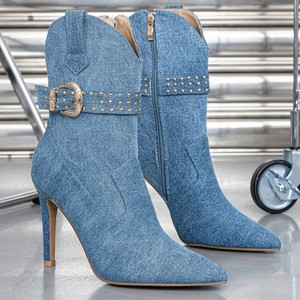 XSD Women's Denim Sexy Super High Heel Stiletto Short Boots New Year Winter Fashion Height Increasing Pointed Side Zipper Rubber - Product Image 1