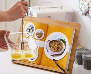 Support de recettes moderne en bambou sur pied avec poignée réglable, porte-livres à un seul niveau, pinces à pages, étagère portable pour livres de cuisine - Product Image 6
