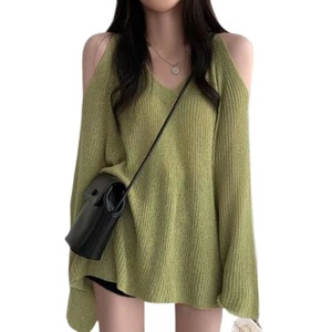 Otoño nuevo elegante suéter con cuello en V para mujer jersey de protección solar de color sólido suelto Casual fuera del hombro pulóver - Product Image 1