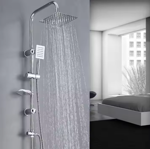 Columna de ducha moderna económica con grifo monomando, acabado cromado de acero inoxidable pulido, montaje en pared, estante para jabón y barra deslizante. - Product Image 1