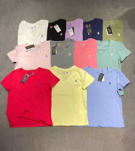 T-shirt da <span class=keywords><strong>donna</strong></span> RL estiva con scollo a V in cotone tinta unita ricamata a maniche corte, casual, comoda e slim fit - Product Image 1