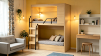 Lit superposé moderne en métal et bois, fermé et sécurisé, avec escalier, idéal pour auberges de jeunesse, dortoirs scolaires, hôtels e-sport