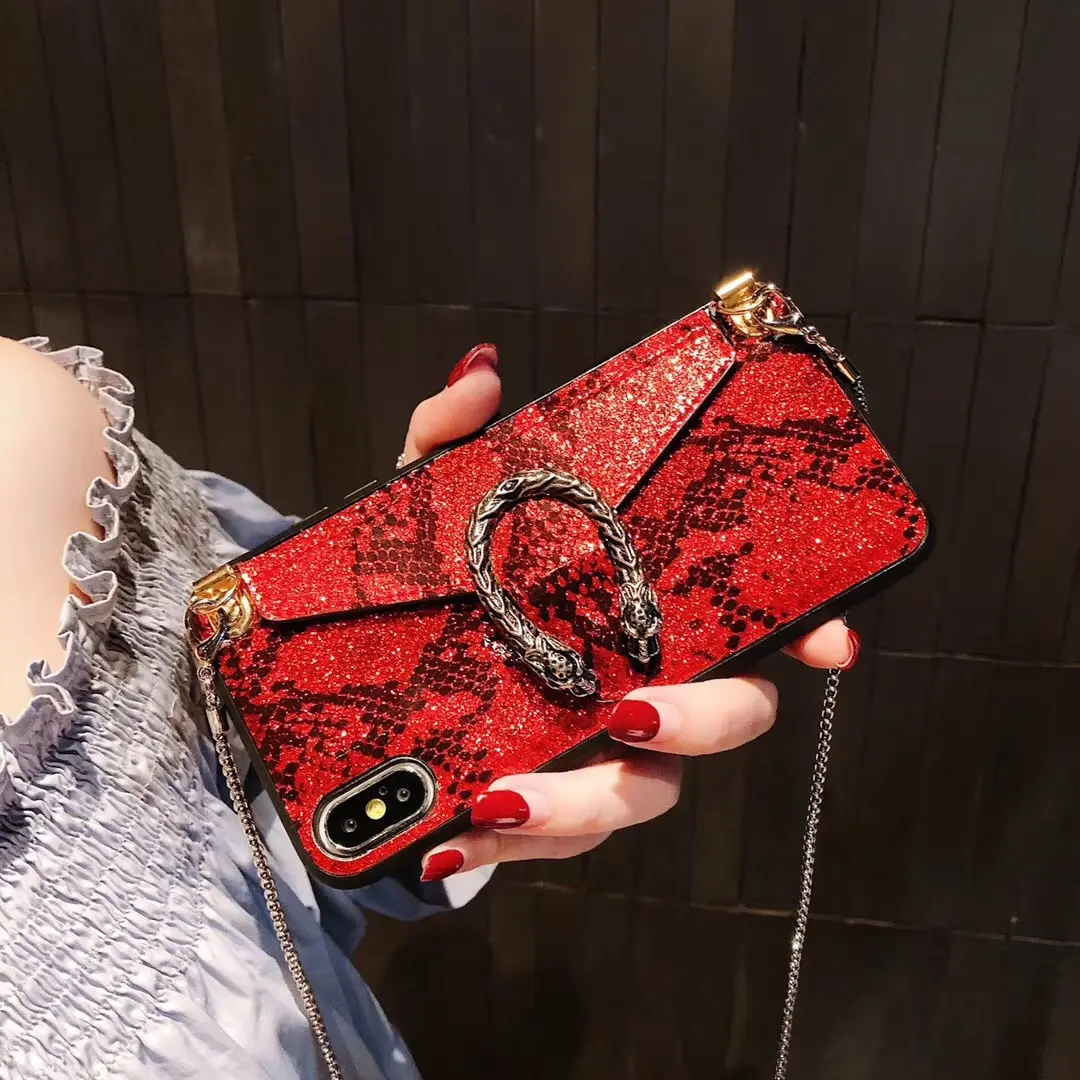 Designer de luxe marque nom peau de serpent coque de téléphone portefeuille sangle bandoulière longue chaîne fente pour carte de crédit pour iPhone 11 pro XR XS Max