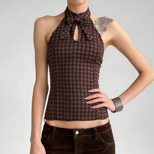 Débardeur Halter Sans Manches à Nœud et Découpes, Coupe Ajustée, Motif Carreaux, Style Rétro Français Y2K, Tendance Décontractée et Élégante - Product Image 3