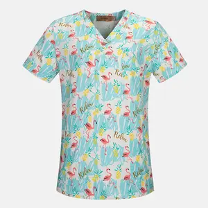 Hauts de gommage médicaux unisexe pour femmes 100% coton hauts de gommage extensibles uniformes médicaux haut de gommage imprimé