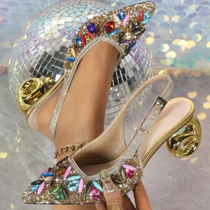 Sandalias de Tacón Alto con Pedrería para Mujer, Estilo Y2K, Punta Puntiaguda, Banda Elástica, Adornos de Cristal, Tacón en Espiral, a la Moda - Product Image 1