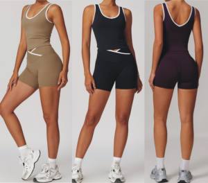 로우 모크 커스텀 로고 체육복 세트 브라 + 쇼트 2 피스 크로스 웨이스트 U 백 조끼 퀵 드라이 소프트 체육관 댄스 조거 피트니스 요가 세트 - Product Image 2