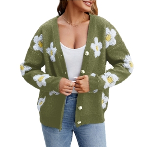 Cardigan tricoté décontracté pour femme, col en V, motif floral 3D, collection automne-hiver explosive, tendance - Product Image 3