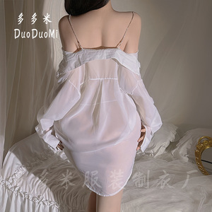 DuoDuoMi Camisa transparente de gasa con hombros descubiertos para mujer, lencería, ropa de dormir sexy, ropa de dormir suave y transpirable de manga larga, color negro tinta - Product Image 3