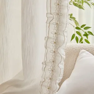 French Retro Luxury Flower Embroidery Pearl Sheer Curtain For Bedroom Living Room All-season