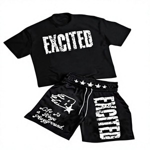 Ensemble T-shirt et short sportif noir pour homme, col rond, tricoté, 100% coton, séchage rapide, tenue d'été, couleur unie, motif crânes - Product Image 6