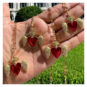 Rubi Sagrado Coração de Jesus geométrico em torno das asas charme pingente colar cobre com ouro 18k chapeado cadeia colar mulheres luxo