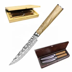 Japanese AUS-10 Damascus Steak Knife Steel Core 67 Layers Blade Italian Olive Wood Handle Cutlery Set Steak Knives