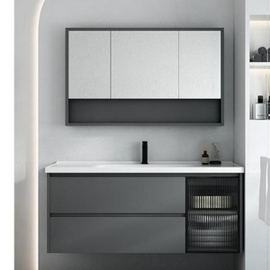 Mueble de Baño Gris CR de 40 Pulgadas con Espejo, Gabinete y Encimera de Losa para Apartamentos Pequeños - Product Image 2