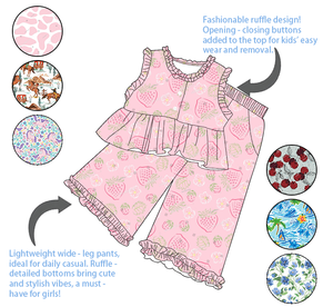 Nuovo Set Coordinato Estivo per Bambine: Top con Bottoni e Peplum e <span class=keywords><strong>Pantaloni</strong></span> a Gamba Larga con Elastico in Vita, Outfit con Finiture a Volant - Product Image 2
