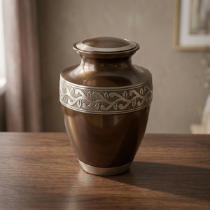 Urne funéraire en métal marron pour cendres d'adultes, récipient commémoratif de style européen, urne décorative pour enterrement - Artisanat indien - Product Image 1