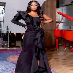 ชุดราตรีผู้หญิงทรงเข้ารูป แขนเดียว ผ่าข้าง แต่งระบาย สไตล์หรูหรา เซ็กซี่ ยาว สีแดง เหมาะสำหรับงานพรอม - Product Image 6