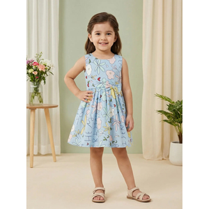 Vestido de Niña con Estampado Floral y Doodle Azul y Multicolor, Estilo Casual sin Mangas para Niñas, con Tela Suave - Product Image 1