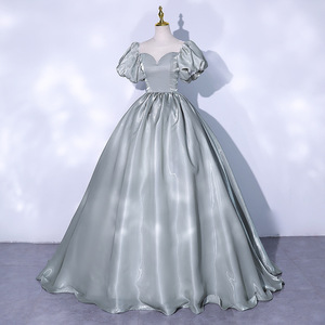Grey Green Puff Sleeve Ball Gown Sweetheart Neckline Empire Waist Evening Dress For Wedding Performance Host Court Style - Product Image 3