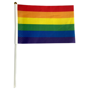 Promoción Precio favorable Venta caliente Orgullo <span class=keywords><strong>integral</strong></span> del arco iris en el palo con poste 14*21cm Bandera de mano - Product Image 1