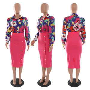 Completo da donna casual da ufficio con blusa floreale e gonna lunga, set coordinato da 2 pezzi, 2023 - Product Image 4
