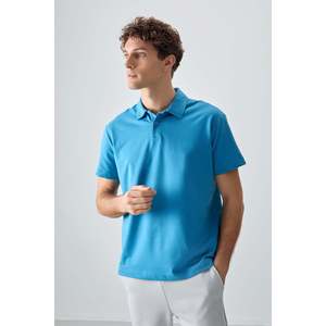 T-shirt basique pour homme en coton bleu pétrole, col polo, coupe ample, épais et doux, texturé - 88381 - Bleu pétrole - Product Image 1