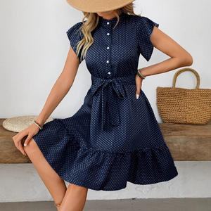 Vestido informal con estampado de lunares para mujer europea americana, Mangas de mariposa, bordes con volantes, cintura ancha con dobladillo de pino para otoño - Product Image 1