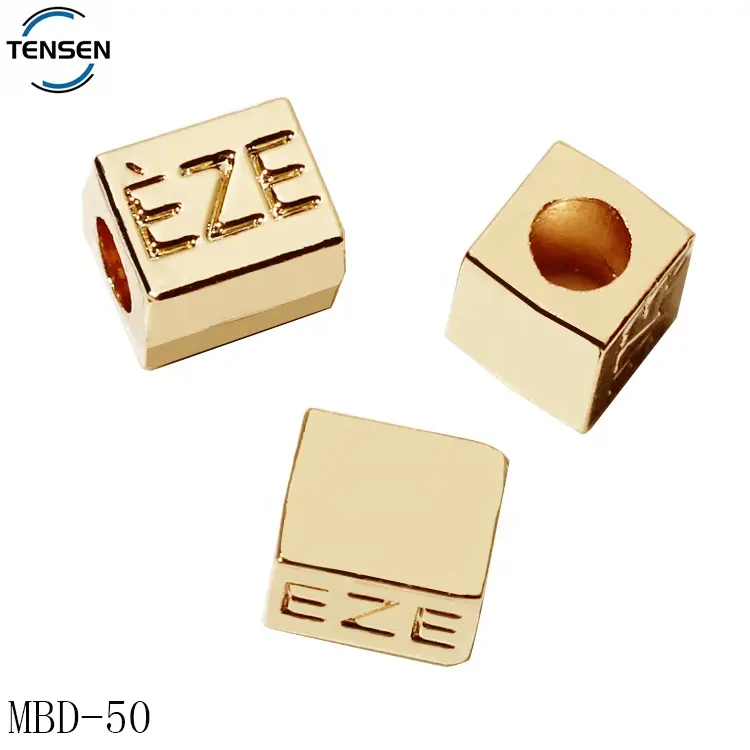 Custom made square shape bracelet hole beads hardware gold color engraving letter metal pendant for string
