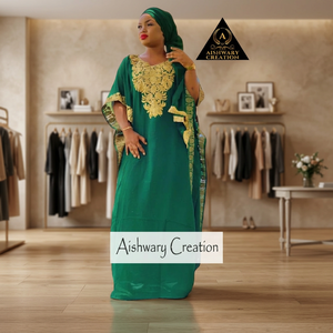 Aishwary Creation Green Chiffon Maxi <b>Dress</b> With <b>Gold</b> Embroidery Loose Fit Jewel Neck Three Quarter Sleeve <b>Party</b> Wear - Product Image 4