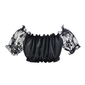 <b>Off</b> <b>The</b> <b>Shoulder</b> Chiffon Crop <b>Top</b> With Lace Puff Sleeves Plus Size Women's Blouse <b>White</b> Black - Product Image 4