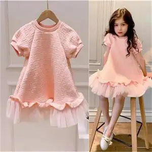 Großhandel kleid für kinder mit hijab-Amazon Hot Sale Conyson Großhandel Mode Sommer Kinder Solid Casual Cute Pink Lace Europäische Mädchen Mesh Kleidung Kleider