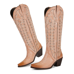 Botas Altas hasta la Rodilla con Punta en Pico para Mujer, Estilo Retro Vaquero, Botas Bordadas Occidentales con Tacón Bajo, Venta al Por Mayor de Fábrica WETKISS - Product Image 2