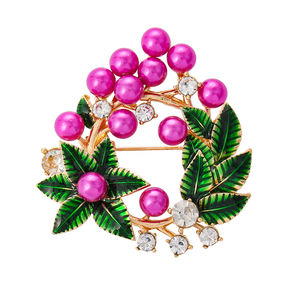 여성용 금도금 과일 체리 & 마젠타 진주 브로치 그린 에나멜 잎 모조 모조 라인 석 패션 쥬얼리 - Product Image 6
