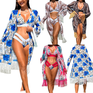 Ensemble de maillot de bain trois pièces à fleurs pour <span class=keywords><strong>femme</strong></span> avec jupe en <span class=keywords><strong>voile</strong></span> et maillot de bain <span class=keywords><strong>bikini</strong></span> Offre Spéciale à pompon <span class=keywords><strong>femme</strong></span> - Product Image 1