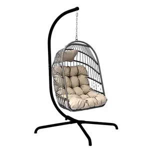 Patio Wicker Hanging Swing Chair Rattan Eggs Swing Chair Patio Egg,Chair With Durable Cushion Pillow and C Stand Frame/
