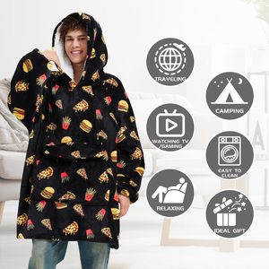 Couverture à capuche en polaire Sherpa surdimensionnée unisexe pour adultes avec motif hamburger et <span class=keywords><strong>pizza</strong></span> - Product Image 2