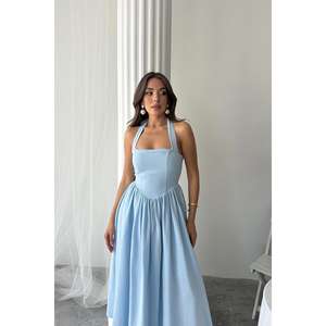 เดรสผ้าลินินสีน้ำเงินแบบผูกคอ ทรงเอ เอวธรรมชาติ ระบายอากาศได้ดี สวมใส่สบายๆ - Product Image 3