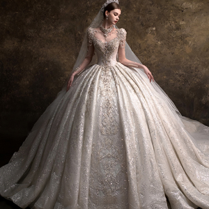 LSHT128 Modern <b>Glitter</b> High Neck Empire Bridal Wedding Puffy Lace Floral Crystal Appliques Chapel Train <b>Ball</b> Gown Long - Product Image 1