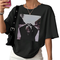 T-shirt décontracté à col rond pour femme, confortable et respirant, à manches courtes, 100 % coton tissé, grande taille, imprimé numérique intégral, motif scène effrayante