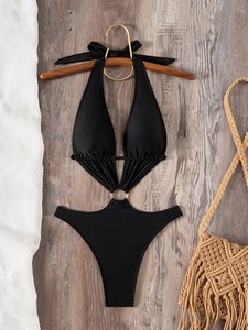 Traje de baño de una pieza negro para mujer, con cuello halter, escote en V profundo, abertura con anillo en O, espalda descubierta, atado en la espalda, corte alto, para playa, venta al por mayor - Product Image 4