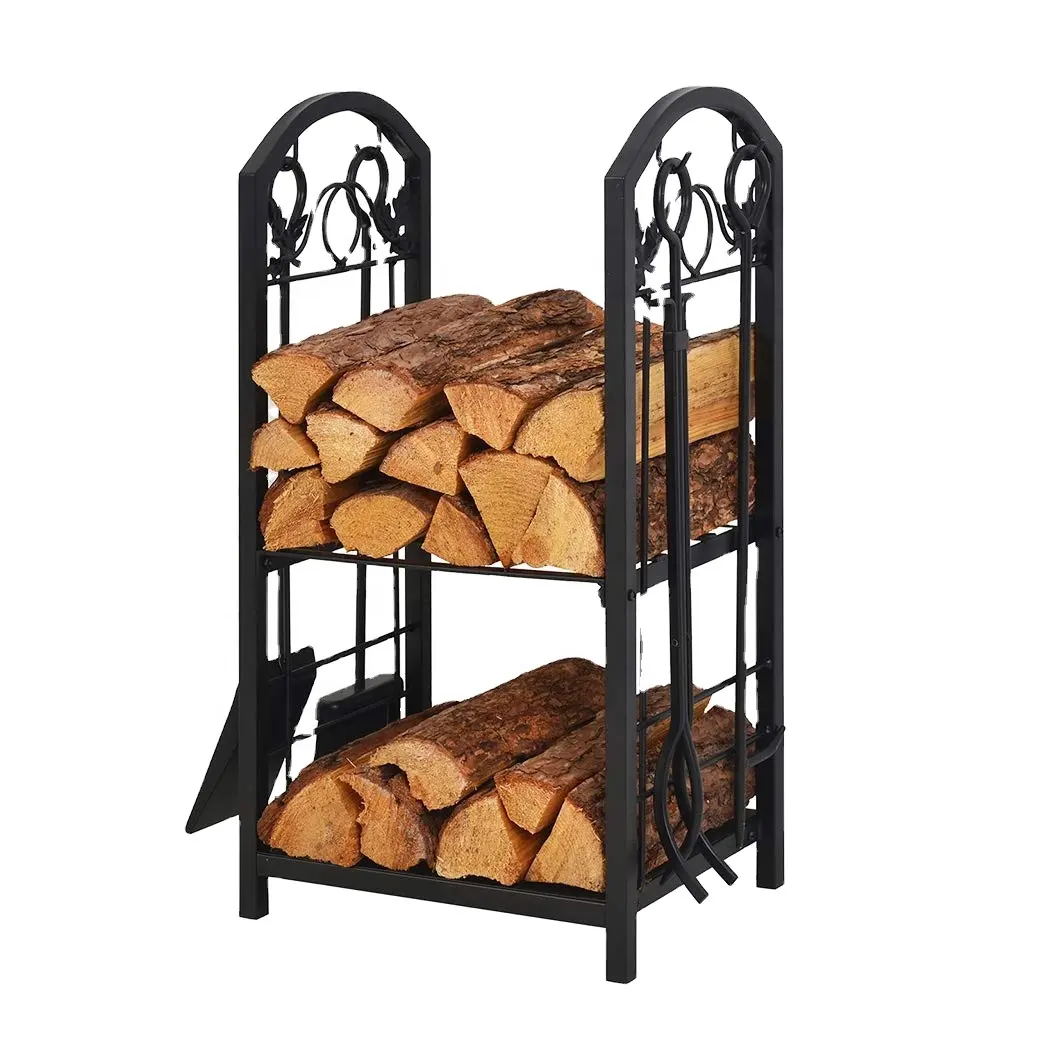 Firewood Rack With 4-Piece Tool Indoor Stand Fireplace Companion Set FIRE Wooden Shelf