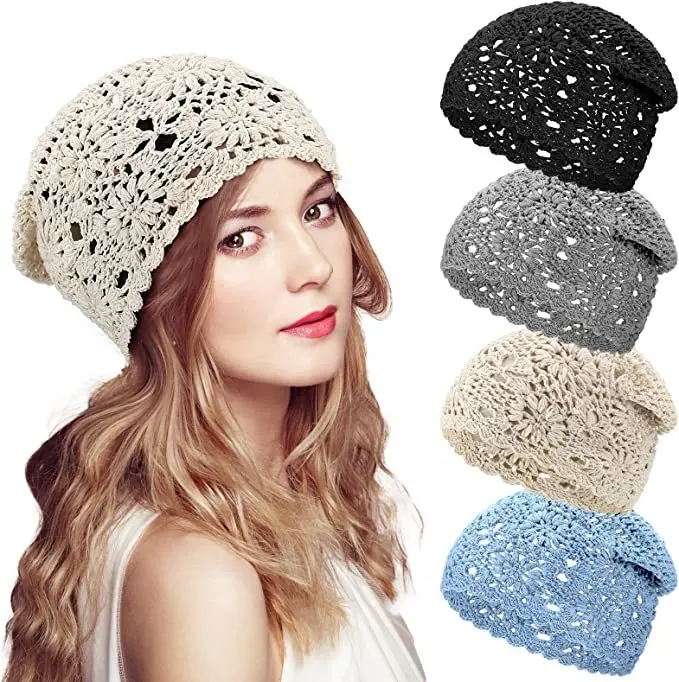 Mulheres Meninas Primavera Outono Algodão Personalizado Mão Crocheted Lace Design Open Weave Bonnet Hat