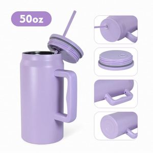 50oz Stainless <b>Steel</b> <b>Bottle</b> with Handle Straw Lid Leak Proof Double-Wall Vacuum Insulated Large Water <b>Bottle</b> - Product Image 1