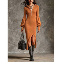 Robe en maille à col montant, coupe ajustée, manches longues, élégante, fendue, avec logo personnalisé, vente en gros, directement de l'usine