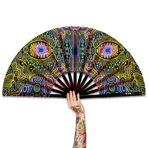 Aanpasbare Uv Reflecterende 33Cm Grote Opvouwbare Bamboe Handheld Klak Fan Voor Rave Party Festival Freaky Dans