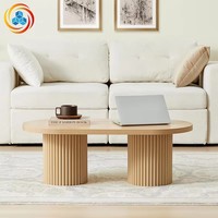 Table basse moderne à piétement cannelé en bois, finitions au choix, table centrale ovale, base à double colonne, design minimaliste pour salon