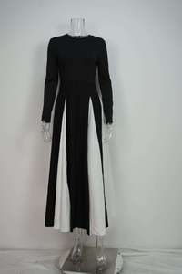 Op maat gemaakte zwart-witte patchwork lange jurken damesmode O-hals lange mouwen slanke bescheiden jurk dames elegant - Product Image 4